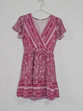 Miami Boho Mini Dress Size S Pink Floral Faux Wrap Rayon Ruffle Summer